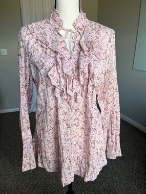 Cino Pink Floral Crinkle Cotton Ruffle Blouse Cottagecore Boho Top Size L